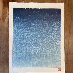 Japanese Woodblock print, large original artwork, printmaking, Prussian blue, texture, abstract, Woodcut