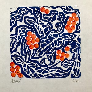 Arum, woodcut print, Japanese woodblock print, printmaking, leaves, berries, printmaking, block print