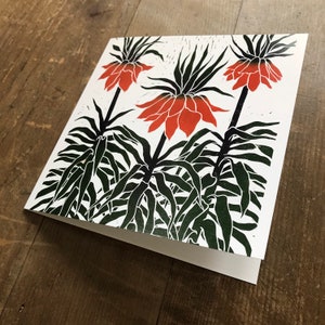 Fritillaria card , botanical lino print, linocut art card, printmaking, thank you, birthday card, blank, orange flower image 2
