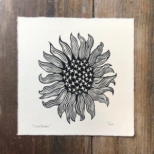 Taglio di legno di girasole, stampa a blocchi di legno, stampa d&#39;arte originale, arte della parete, incisione, nero, stampa a blocchi