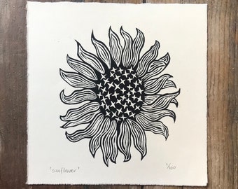 Sunflower woodcut, woodblock print, original art print, wall art, printmaking, black, block print