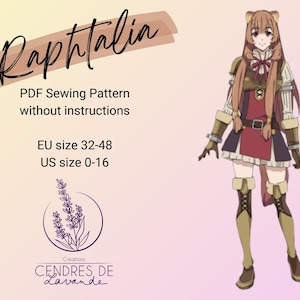 Puede incluir: Ilustración de Raphtalia, personaje de anime, con un atuendo rojo, marrón y blanco. La imagen incluye texto que dice "Raphtalia", "Patrón de costura PDF sin instrucciones", tallas EU 32-48 y US 0-16. También hay un logotipo de lavanda.