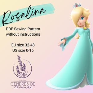 May include: A PDF sewing pattern for a Rosalina costume. The pattern is for sizes EU 32-48 and US 0-16. The image shows a cartoon character wearing a light blue dress with a white trim. The character has blonde hair and a crown.