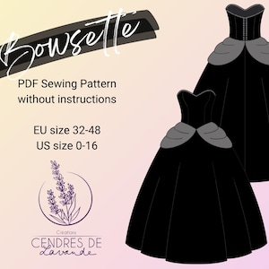Può includere: Un modello di cucito digitale per un abito nero con corpetto stile corsetto e gonna ampia. Il design include un accento grigio sullo scollo. Il testo sull'immagine recita "Bowsette" e "PDF Sewing Pattern without instructions". Taglie EU 32-48 e US 0-16.