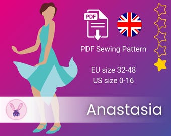 May include: A digital PDF sewing pattern titled Anastasia, featuring a graphic of a figure in a light blue dress. The text includes PDF Sewing Pattern, EU size 32-48, and US size 0-16. Five yellow stars are displayed on a purple and pink gradient background.
