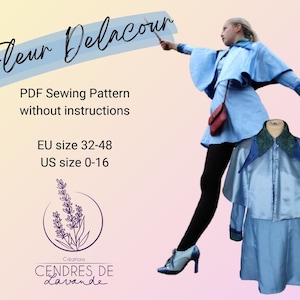 Könnte beinhalten: Ein hellblaues Kostüm, inspiriert von Fleur Delacour, mit passendem Umhang und Kleid. Das Bild enthält den Text "Fleur Delacour" und "PDF Sewing Pattern without instructions". Das Schnittmuster ist in den US-Größen 0-16 und EU-Größen 32-48 erhältlich.