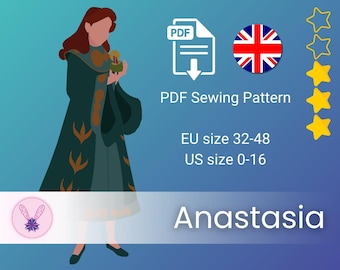 May include: A digital PDF sewing pattern titled Anastasia, featuring a graphic of a person in a dark green coat with gold accents. The text includes EU size 32-48 and US size 0-16. A circular logo with a purple star and wings is in the corner.
