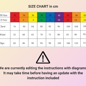 May include: Size chart in centimetres for clothing, showing French and US sizes, with measurements for chest, waist, and hips.