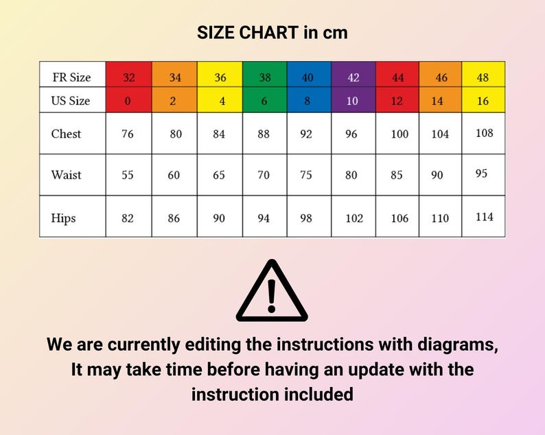 May include: Size chart in centimetres for clothing, showing French and US sizes, with measurements for chest, waist, and hips.