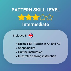 May include: A graphic displaying Pattern Skill Level Intermediate with three yellow stars. The text includes Included in, Digital PDF Pattern in A4 and A0, Shopping list, Cutting instruction, and Illustrated sewing instruction with a UK flag icon.