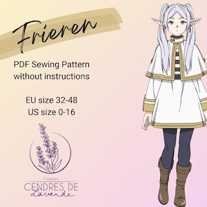 Puede incluir: Una ilustración digital de un personaje que lleva un vestido blanco y dorado con leggings negros y botas marrones. La imagen incluye el texto "Frieren", "Patrón de costura PDF sin instrucciones", "Talla EU 32-48", "Talla US 0-16", "Creaciones CENDRES DE Lavande".