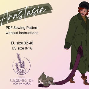 Può includere: Un cartamodello PDF per un cappotto verde con una sciarpa viola. Il cartamodello è per le taglie EU 32-48 e US 0-16. Il cartamodello si chiama "Anastasia" ed è di Créations CENDRES DE Lavande.