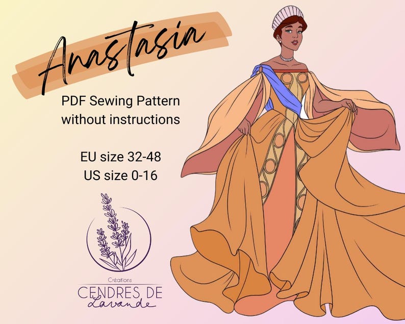 May include: A digital sewing pattern for a dress called "Anastasia" in orange, yellow, and blue. The pattern is available in sizes EU 32-48 and US 0-16. The pattern is for a dress with a large skirt and a fitted bodice. The pattern is sold without instructions.