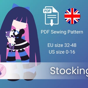 May include: A digital PDF sewing pattern for a character named Stocking, featuring a stylised illustration of a figure with long dark hair, a black and white dress, and blue striped stockings. Text includes PDF Sewing Pattern, EU size 32-48.