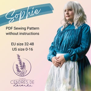 Puede incluir: Una mujer con un vestido verde azulado y un delantal blanco. La imagen incluye el texto "Sophie PDF Sewing Pattern without instructions EU size 32-48 US size 0-16". También hay un logotipo con ramitas de lavanda.