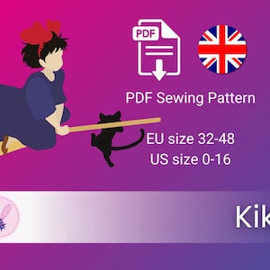 May include: A digital PDF sewing pattern titled Kiki featuring a graphic of a character with a red bow riding a broomstick with a black cat. The text includes PDF Sewing Pattern, EU size 32-48, US size 0-16, and Kiki, with a Union Jack icon.