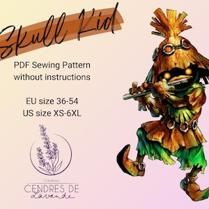 Peut inclure: Patron de couture numérique avec le personnage Skull Kid, avec le texte "Skull Kid" et "PDF Sewing Pattern without instructions." Comprend les tailles EU 36-54 et US XS-6XL. L'image montre un personnage jouant de la flûte.