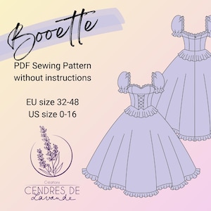 Op de afbeelding: Een lichtpaarse illustratie van een PDF-naaipatroon van een jurk met een lijfje, pofmouwen en een volle rok. De tekst "Boovette" staat bovenaan, met "PDF Sewing Pattern without instructions" eronder. EU-maten 32-48 en US-maten 0-16.