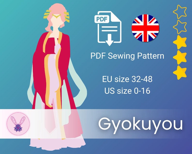 May include: A digital PDF sewing pattern for a garment titled Gyokuyou, featuring a stylized illustration of a figure in a red and light pink robe with gold trim. The text includes PDF Sewing Pattern, EU size 32-48, and US size 0-16.