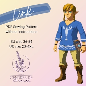 May include: A digital sewing pattern featuring a character in a blue tunic with a white design, tan pants, and brown boots. The text "Link" is above the text "PDF Sewing Pattern without instructions". The pattern includes EU sizes 36-54 and US sizes XS-6XL.