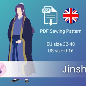 May include: A digital PDF sewing pattern for a Jinshi character costume. The graphic features a stylized illustration of a figure in a purple and dark blue robe with gold trim, a PDF download icon, a UK flag, five yellow stars, and text: PDF Sewing Pattern, EU size 32-48, US size 0-16, and Jinshi.