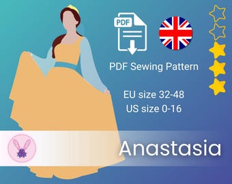 May include: A digital PDF sewing pattern titled Anastasia, featuring a graphic of a figure in a yellow gown with light blue sleeves and a blue sash. The text includes PDF Sewing Pattern, EU size 32-48, and US size 0-16, with a UK flag icon and five stars.