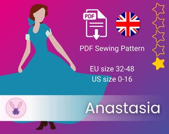 May include: A digital PDF sewing pattern titled Anastasia featuring a graphic of a figure in a blue dress with white cuffs. The text includes PDF Sewing Pattern, EU size 32-48, and US size 0-16. Five yellow stars are displayed on the right side.