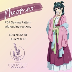 Può includere: Un'illustrazione digitale di una donna che indossa un abito tradizionale cinese rosa e blu. L'immagine è un cartamodello per un abito chiamato "haomao" nelle taglie EU 32-48. Il cartamodello è disponibile per il download in PDF senza istruzioni. L'immagine include anche il testo "Creations CENDRES DE Lavande".