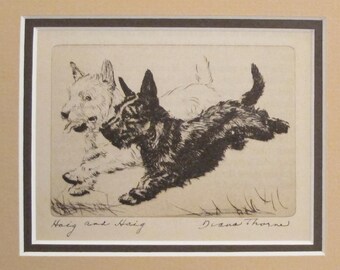 1936 Matted Dog Print, Diana Thorne "Haig and Haig" Terrier Dog Etchings - Puppy art, Dog Wall Art, Vintage Dog Lover Gift