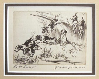 1936 Matted Dog Print, Diana Thorne "Hot Scent" Dog Etchings - Hunting Decor, Hunting Dog Art, Vintage Dog Lover Gift