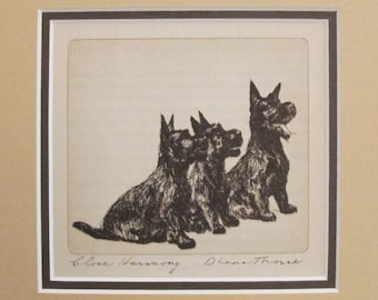 1936 Matted Dog Print, Diana Thorne "I Love Harmony" Scottish Terrier Dog Etchings - Puppy art, Dog Wall Art, Vintage Dog Lover Gift