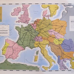 1949 Original Vintage French Travel Poster, European Railroad Map (Linen Backed)