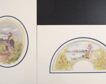 1870's Vintage French Fan Design - Lady with umbrella & Couple on riverbank (Matted - Set of 2)