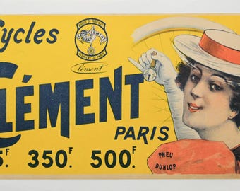 1890 Original Vintage French Cycles Clement Tires advertisement - Paris (Yellow Woman)