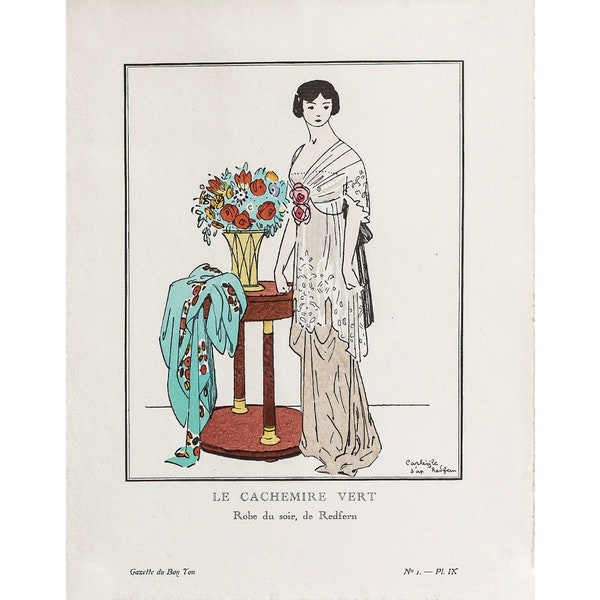 1912 Gazette du bon ton, Art Deco French Fashion Pochoir, Redfern Fashion Plate, Cachemire Vert Evening Gown