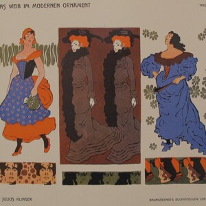 May include: An illustration of three women in different styles of clothing. The woman on the left is wearing a blue and orange dress with white polka dots. The two women on the right are wearing long brown dresses with black fur collars. The text "Das Weib im modernen Ornament" is at the top of the image.
