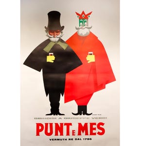 May include: Vintage advertisement poster featuring two stylized figures holding drinks. One figure is in black attire, the other in red. The poster has the text "Punt e Mes" in bold red letters, with additional text below. The poster is a vintage advertisement.