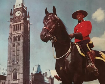 1950s Kitschy Canadian Travel Poster, Canada Vacations Unlimited, Mountie on Horseback