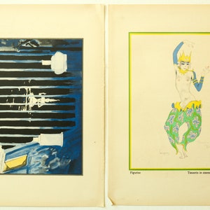 Puede incluir: Dos ilustraciones sobre un fondo blanco. La primera ilustración es un dibujo en blanco y negro de una mujer en una jaula. La segunda ilustración es un dibujo colorido de una mujer con un traje verde y azul con una corona amarilla. El texto "Tamaris in einem orientalischen Kostüm" está debajo de la segunda ilustración.
