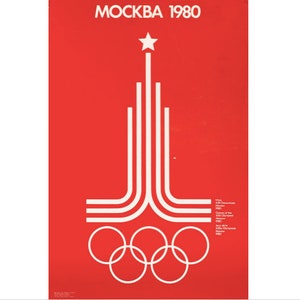 Póster olímpico de Moscú de 1980, logotipo rojo sobre fondo blanco (en cartón)