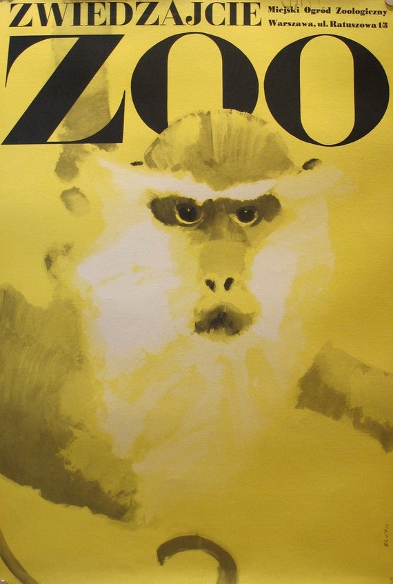 1960's Original Polish Zoo Poster, Zwiedzajcie Zoo Monkey