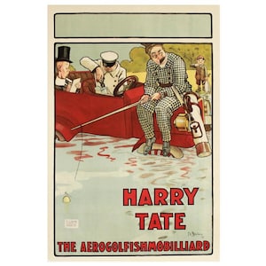 1914 Britische Original Harry Tate Comedy Lithographie, Harry Tate fischt in einem Auto - Leinenrücken