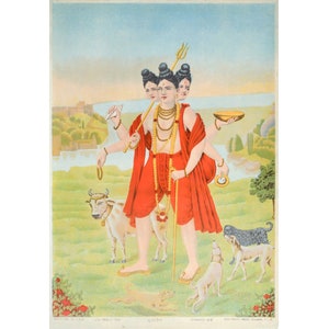 1920 Indian offset lithography, &quot;Dattatreya&quot; - Three headed god in red (pitchfork, shell, dish in hand) -  Ravi Varma Press