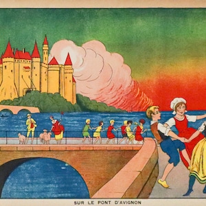 1930er Jahre Französisches Art Deco Reiseplakat, Sur le Pont D'Avignon (Auf der Brücke nach Avignon)