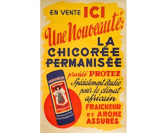 1920s French Advertising Poster - Protez Delatre, La Chicoree Permanisee (blue packaging)