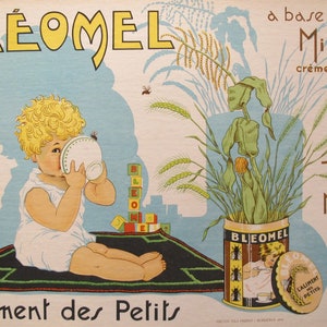 1933 Cartel francés original de comida para bebés, comida para niños Bleomel