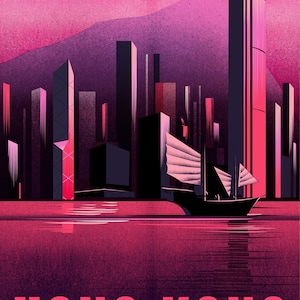 May include: A pink and purple illustration of the Hong Kong skyline with tall buildings and a traditional Chinese junk boat sailing in the water. The text "HONG KONG" is in large pink letters at the bottom of the image.
