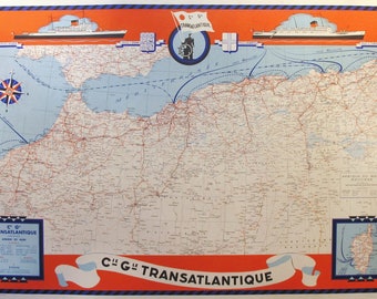 1950 Map of North Africa, Cie Gle Compagnie Generale Transatlantique