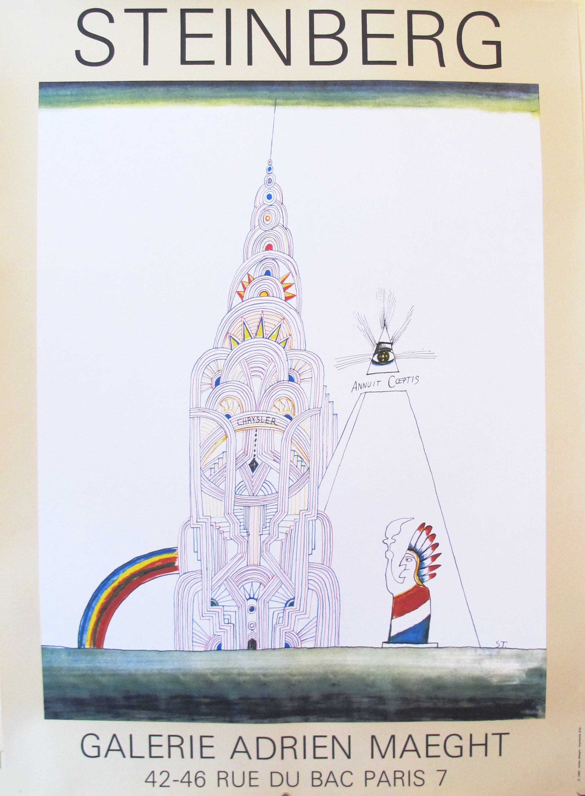 1988 Póster de la exposición francesa Saul Steinberg, edificio Chrysler