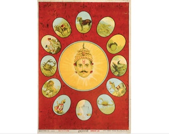 May include: A colourful illustration of the 12 zodiac signs in a circle around a sun-like face with a crown. The signs are depicted as animals and human figures, each in a separate oval. The text at the bottom reads "सूर्य राशि" in Hindi.